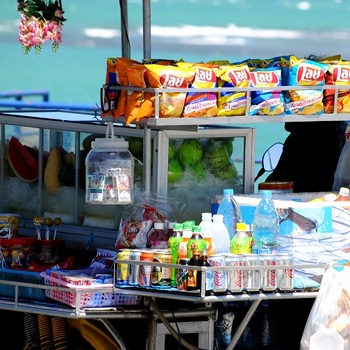 Selling fruits, drinks and snacks